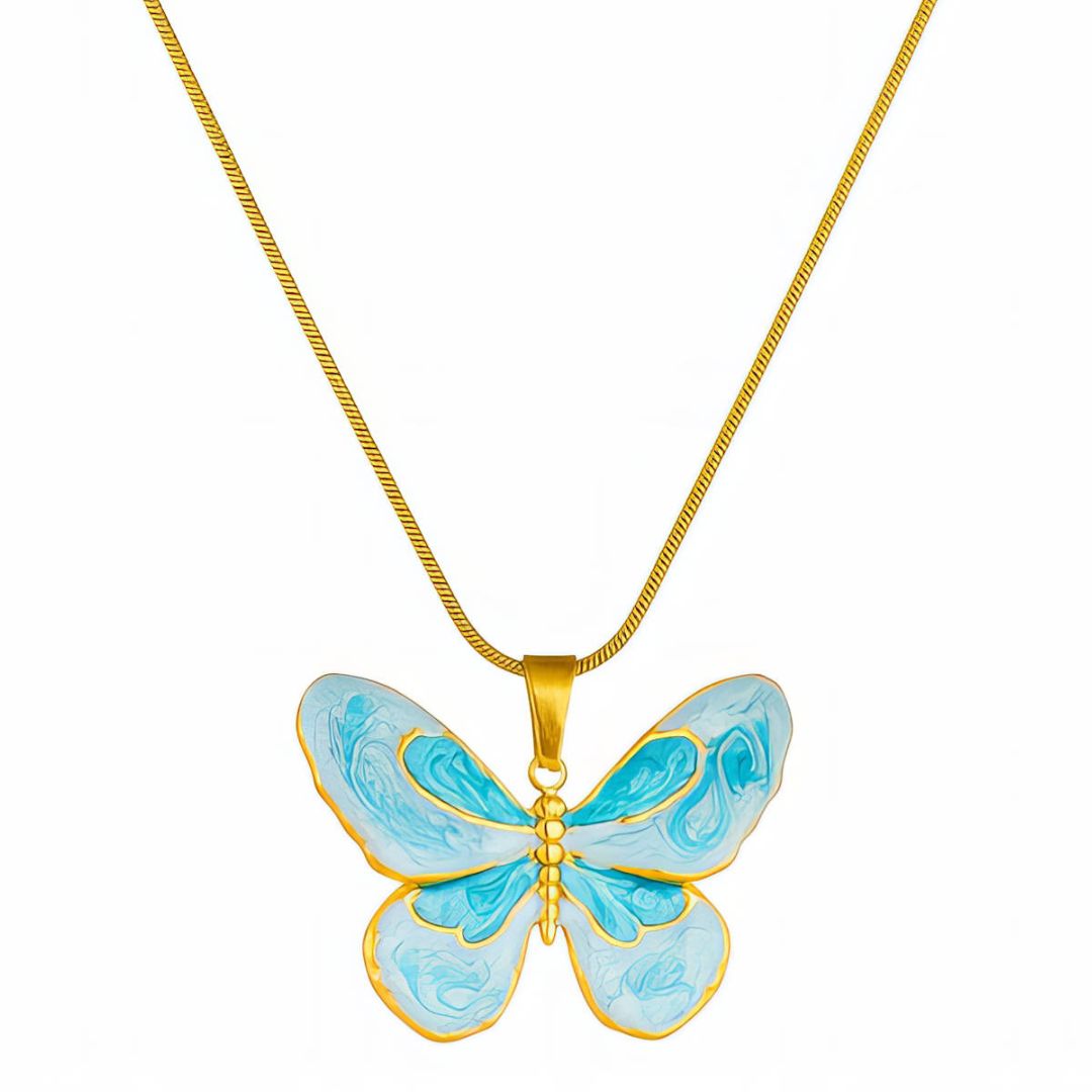 Pandantiv „ Blue Butterfly” din oțel inoxidabil placat cu aur 18K